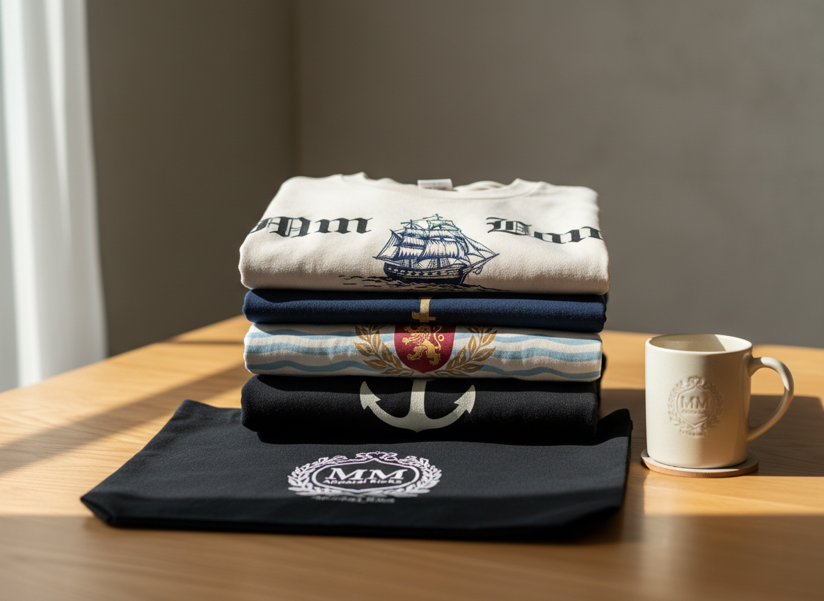 A neatly folded stack of graphic T-shirts, hoodies, and sweatshirts arranged on a smooth, light oak tabletop, each featuring distinct crest, gothic, vintage, nautical, and family-themed prints in rich blacks, deep navy, muted reds, and cream tones. A matching tote bag leans against the stack, and a ceramic mug with a subtle crest design sits nearby. Soft, diffused daylight from a nearby window washes the scene, creating gentle shadows and natural highlights. Photographed at eye level with a slight three-quarter angle and shallow depth of field, the background fades into a softly blurred, neutral wall. The mood is professional yet warm, emphasizing quality, detail, and the cohesive lifestyle of the MM Apparel Kicks brand in clean photographic realism.